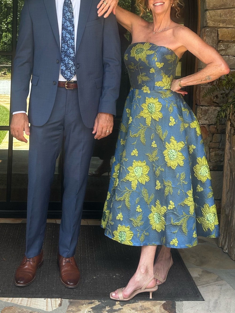 Theia Blue and Gold/Green Floral Strap Midi Dress